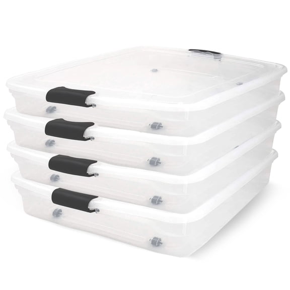 HOMZ 56-Quart Clear Underbed Storage Container with Lid and Wheels, 4 Pack