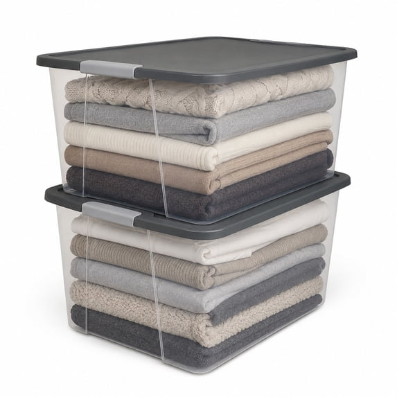 HOMZ 64-Quart Clear Plastic Stackable Storage Bin with Lid, 2 Pack, Gray