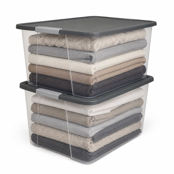 HOMZ 64-Quart Clear Plastic Stackable Storage Bin with Lid, 2 Pack, Gray