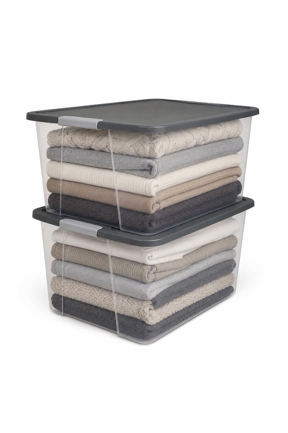 64-Quart Clear Plastic Stackable Storage Bin with Lid, 2 Pack, Gray