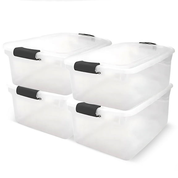 HOMZ 64-Quart Clear Stackable Plastic Storage Bins, Black Latches, 4 Pack