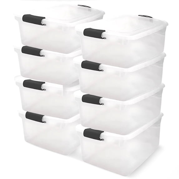 Homz 64-Quart Clear Stackable Plastic Storage Bins with Black Latches, 8 Pack