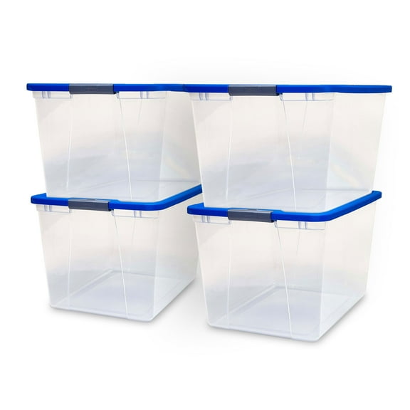 HOMZ 64-Quart Clear Stackable Plastic Storage Containers, Blue/Gray, 4 Pack