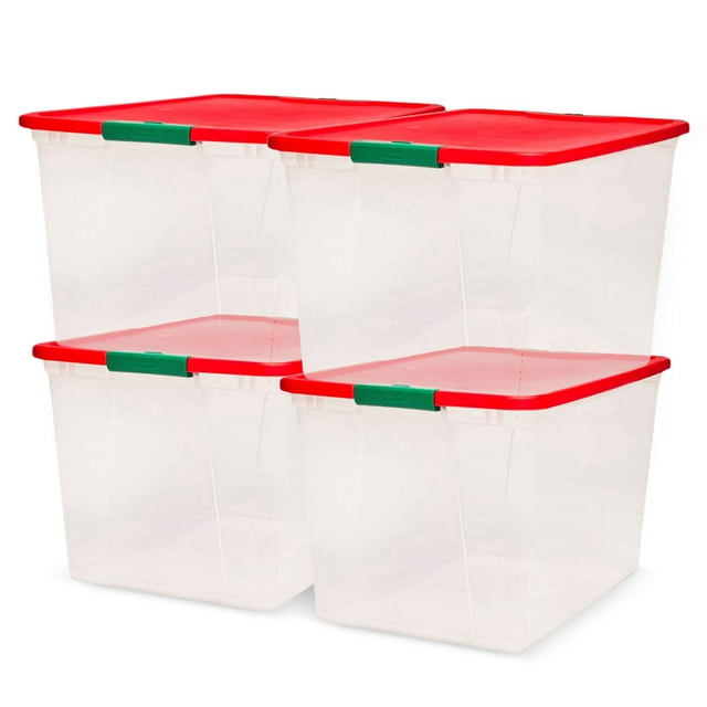 HOMZ 64-Quart Clear Stackable Plastic Storage Containers, Red/Green, 4 Pack
