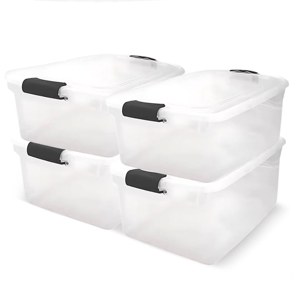 HOMZ 66-Quart Clear Stackable Plastic Storage Bins, Gray Latches, 4 Pack