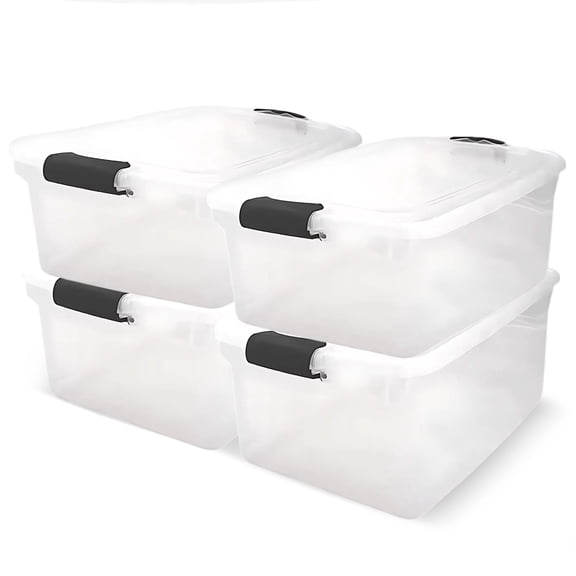 HOMZ 66-Quart Clear Stackable Plastic Storage Bins, Gray Latches, 4 Pack