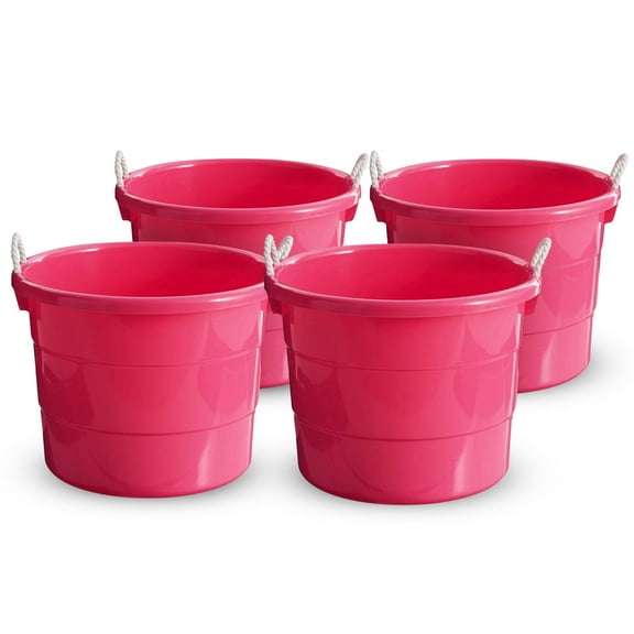HOMZ Rope-Handle 18-Gallon Open Storage Tubs, Plastic Buckets, Pink, 4 Pack