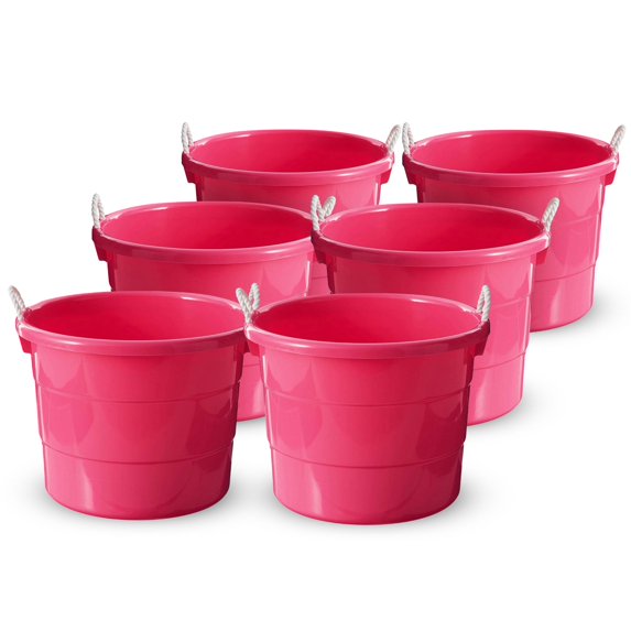 HOMZ Rope-Handle 18-Gallon Open Storage Tubs, Plastic Buckets, Pink, 6 Pack