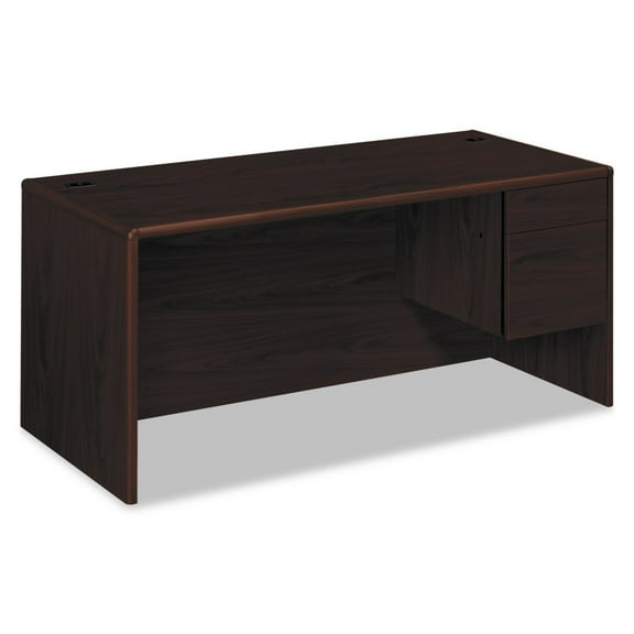 10700 Series 66 in. x 30 in. x 29.5 in. L Workstation Desk with Three-Quarter Height Pedestal on Right - Mahogany