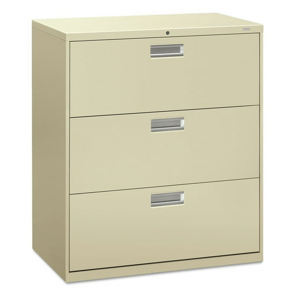 HON Brigade 600 Series Lateral File, 3 Drawers, Polished Aluminum Pull, 36"W x 19-1/4"D x 40-7/8"H, Putty Finish