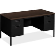 HON Metro Classic Double Pedestal Desk - 4-Drawer 60" x 30" x 29.5" - 4 x Box Drawers, File Drawers - Double Pedestal - Square Edge - Material Steel - Finish Mocha Laminate, Black Paint
