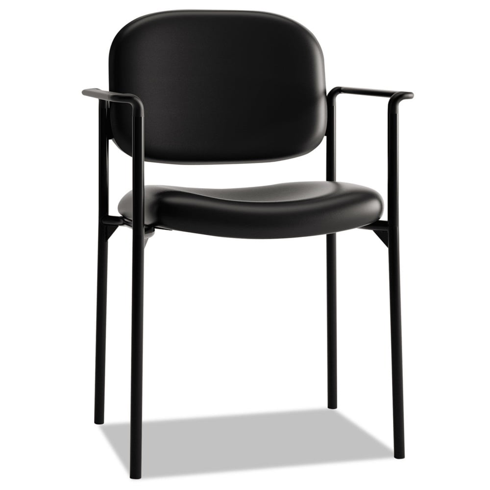 Stackable Black Leather & Steel Visitor Chair with Fixed Arms