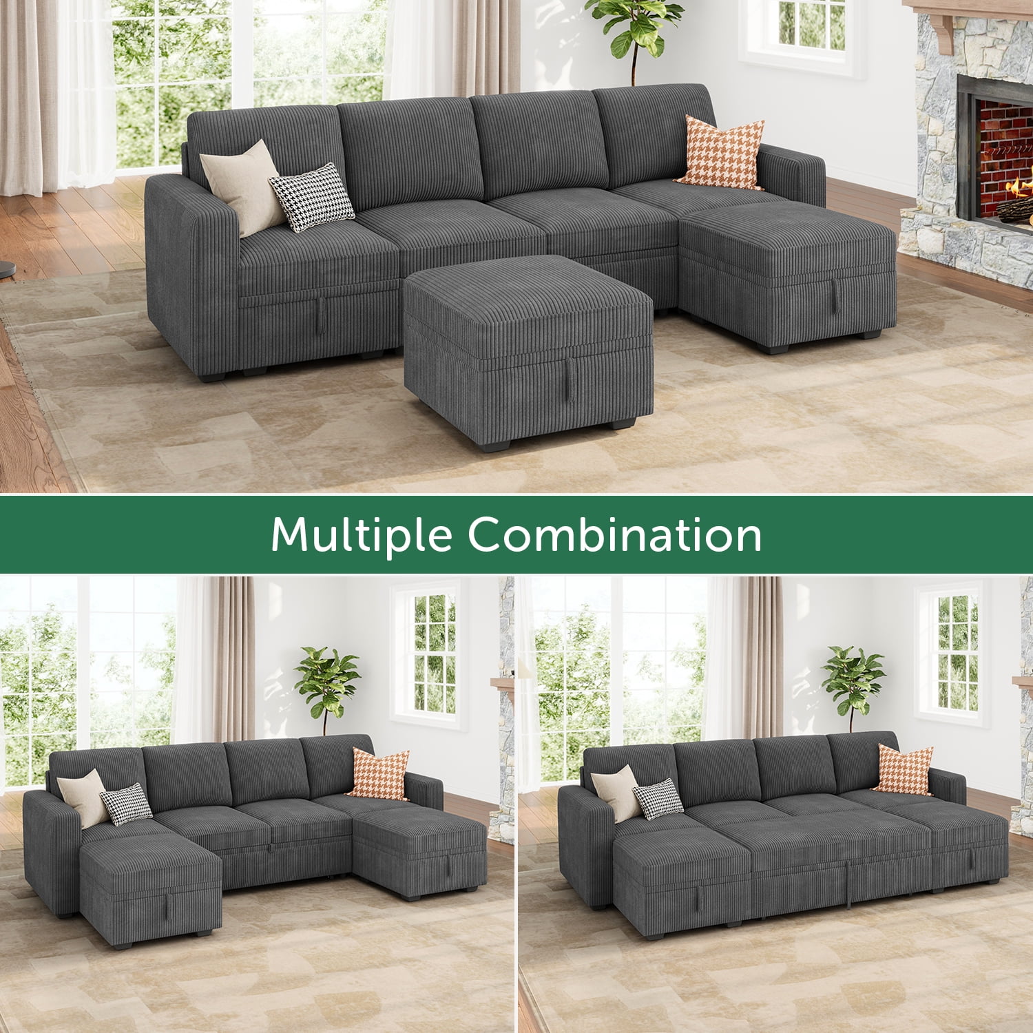 Honbay 101 4 Convertible U Shaped Corduroy Modular Sectional Sofa Bed