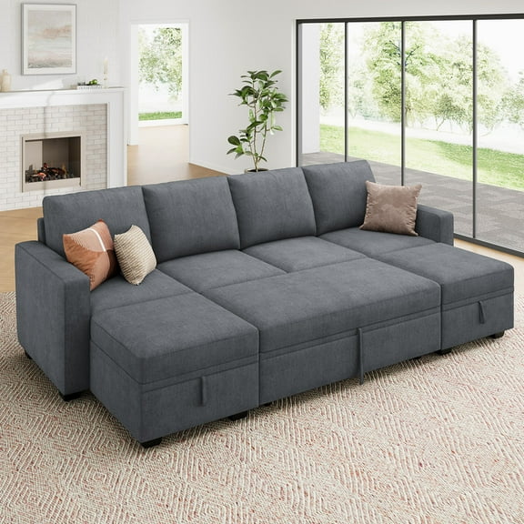 HONBAY 101.4" Modular Sectional Sleeper Sofa Bed with Pull-Out Bed, U-Shaped 4-Seater Couch with Storage for Living Room, Bluish Grey