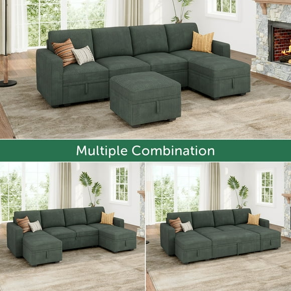 HONBAY 101.4” U-Shaped Corduroy Sectional Modular Sleeper Sofa with Pull-Out Bed and Hidden Storage, Green
