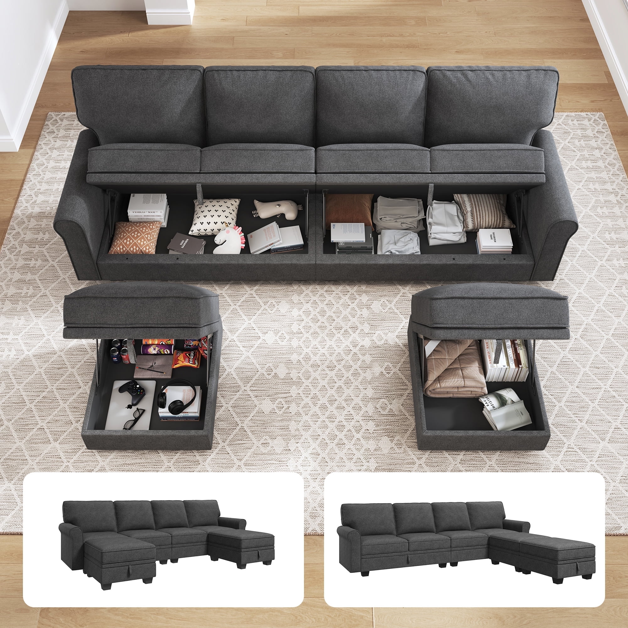 Dark Grey Velvet Six Piece Sectional Sofa with Storage and Ottoman