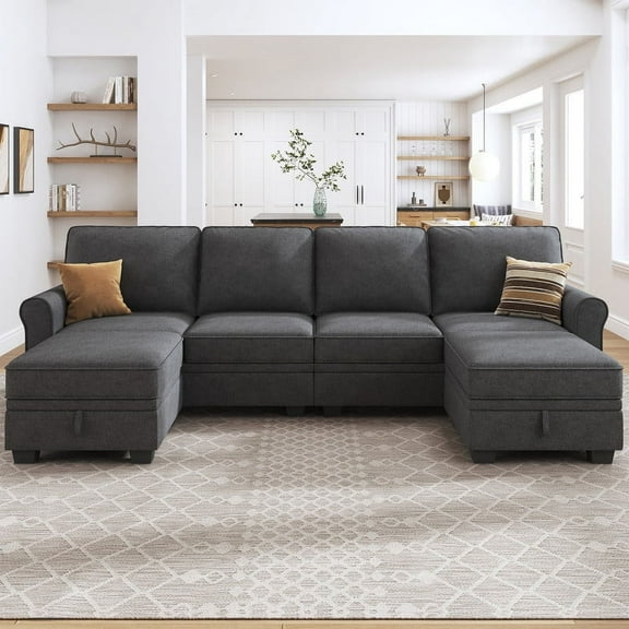 HONBAY 102.4" Reversible Sectional Sofa Couch Set with Storage Comfy L/U Shaped Sofa for Living Room, Dark Grey