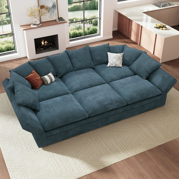 Honbay 6-Piece Plush Double-Layer Cushion Corduroy Modular Sleeper Sectional Cloud Sofa for Home Theater Seating, Blue