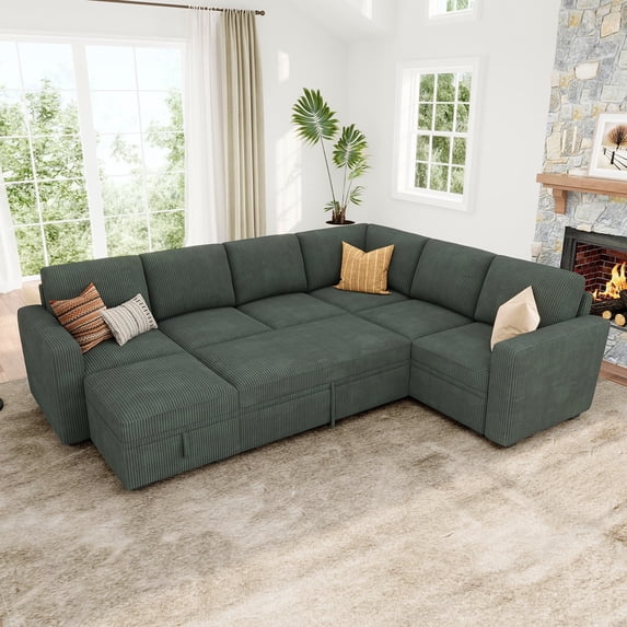 HONBAY 106.2” 7-Seat U-Shaped Corduroy Sectional Sleeper Sofa with Pull-Out Bed and Spacious Storage, Green