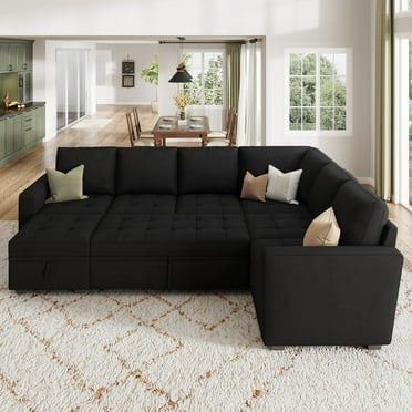 HONBAY 106.2 inch Oversized Sectional Pull-Out Sofa Bed with Storage for Living Room, Velvet Tufted Black