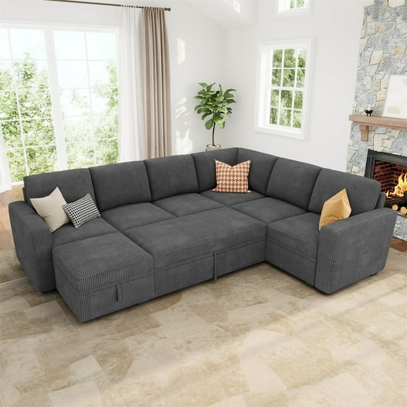 HONBAY 106.2” U-Shaped 7-Seat Sectional Pull-Out Sleeper Sofa with Corduroy Fabric and Storage for Living Room, Grey