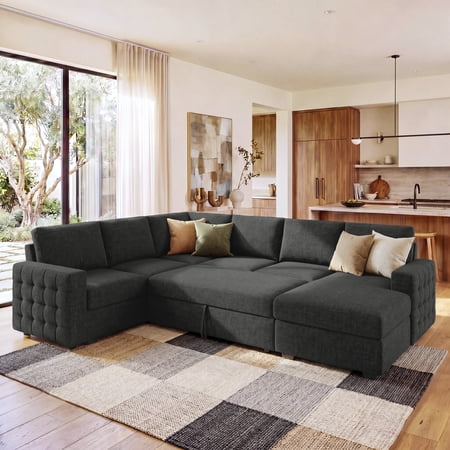 Marrber 111.4" Modern Convertible Sleeper Sectional Sofa Couch with Pull-out and Storage for Living Room, Dark Grey