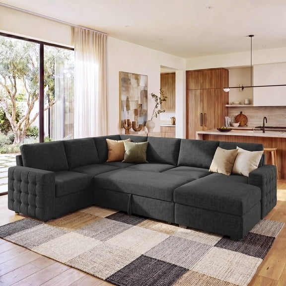 Marrber 111.4" Modern Convertible Sleeper Sectional Sofa Couch with Pull-out and Storage for Living Room, Dark Grey