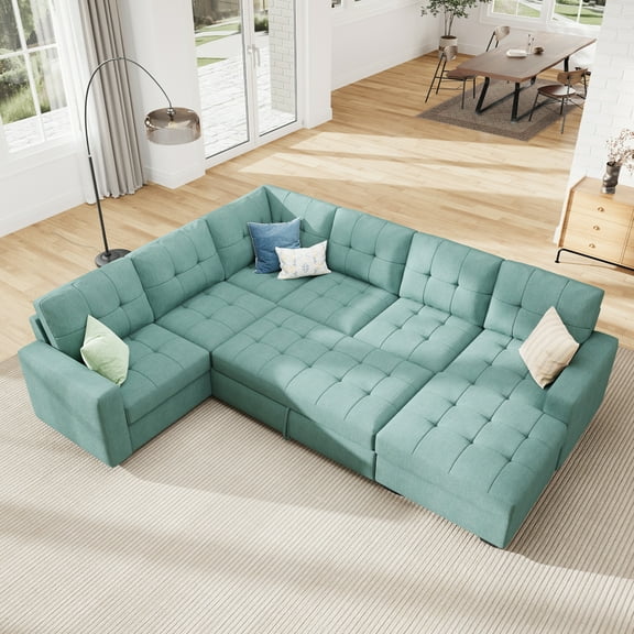 HONBAY 111.4” Modular Sectional Pull-Out Sofa Bed Oversized U-Shaped Convertible Sleeper Couch for Living Room, Aqua blue