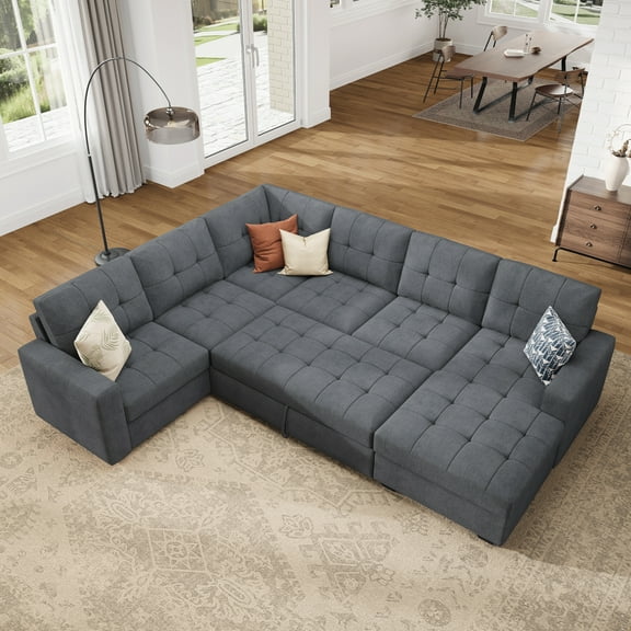 HONBAY 111.4” Sectional Modular Pull-Out Sleeper Sofa Tufted Living Room Furniture with Storage, Bluish Grey