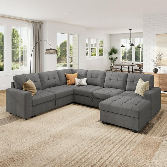 HONBAY 111.4” U-Shaped Pull-Out Sectional Sofa Bed Tufted Oversized Modular Couch with Storage for Living Room, Grey