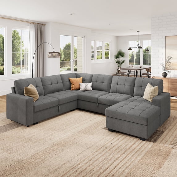 HONBAY 111.4” U-Shaped Pull-Out Sectional Sofa Bed Tufted Oversized Modular Couch with Storage for Living Room, Grey