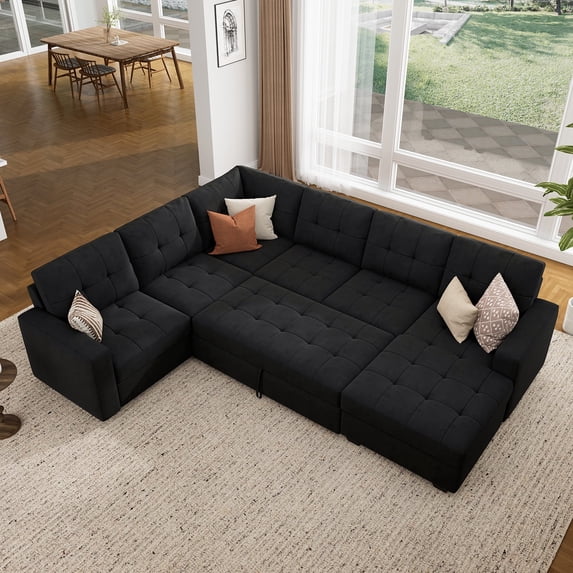 HONBAY 111.5" Oversize U-Shaped Sectional Sofa Bed with Storage Chaise, Velvet Tufted Pull Out Sleeper for Living Room, Black