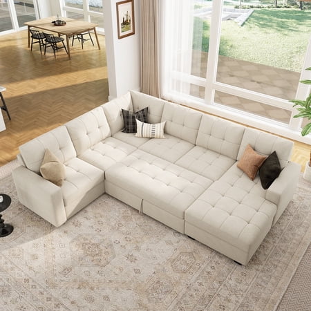 HONBAY 111.5 inch Tufted Sectional Pull Out Sleeper Sofa Bed with Storage Chaises for Living Room, Beige