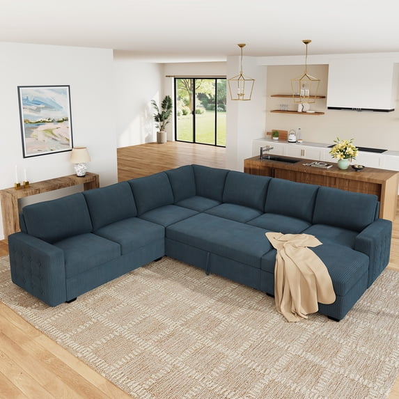 Marrber 111” Blue 7 Seat U Shaped Sectional Sleeper Sofa with Pull Out Bed and Storage for Living Room, Oversized Corduroy Tufted