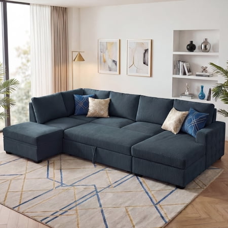 Marrber 111” Blue Reversible U Shaped Spacious Sectional Sleeper Sofa with Pull Out Bed and Storage, Corduroy Tufted