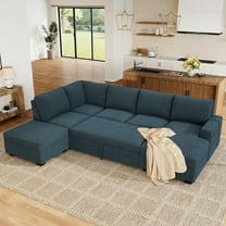 Marrber 111” Blue Reversible U Shaped Spacious Sectional Sleeper Sofa with Pull Out Bed and Storage, Corduroy Tufted
