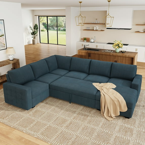 Marrber 111” Blue U Shaped Oversized Sectional Sleeper Sofa with Pull Out Bed and Storage for Living Room, Corduroy Tufted