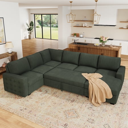 Marrber 111” Green U Shaped Oversized Sectional Sleeper Sofa with Pull Out Bed and Storage for Living Room, Corduroy Tufted