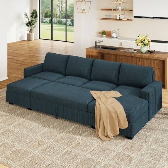 Marrber 111” Modern Corduroy U-Shape Modular Sofa Set, 6-Seater Sectional with Pull-Out Bed and Convertible Storage Chaise, Tufted Design for Family Living Room, Blue
