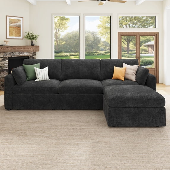 HONBAY 111" Oversized L Shaped Modular Sectional Sofa, Cloud Chenille Convertible Sofa with Storage for Living Room, Dark Gray