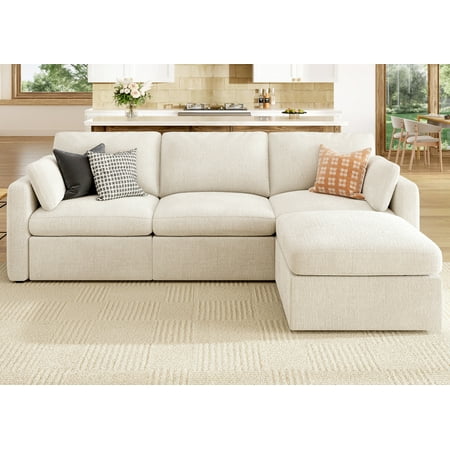 HONBAY 111" Sectional Modular Cloud Sofa, Chenille L Shaped Convertible Couch with Storage for Living Room, Beige