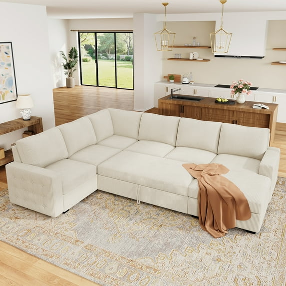 Marrber 111” U Shaped Beige Oversized Sectional Sleeper Sofa with Pull Out Bed and Storage for Living Room, Corduroy Tufted