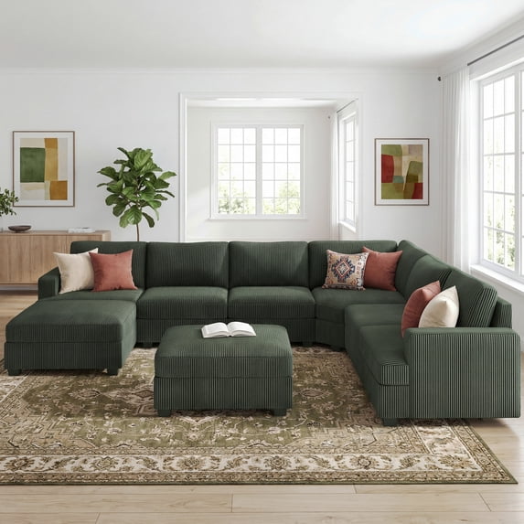 HONBAY 128.1" Modern Sectional Sofa Bed Couch U Shape Corduroy Sleeper Oversized with Storage Ottomans for Living Room, Green