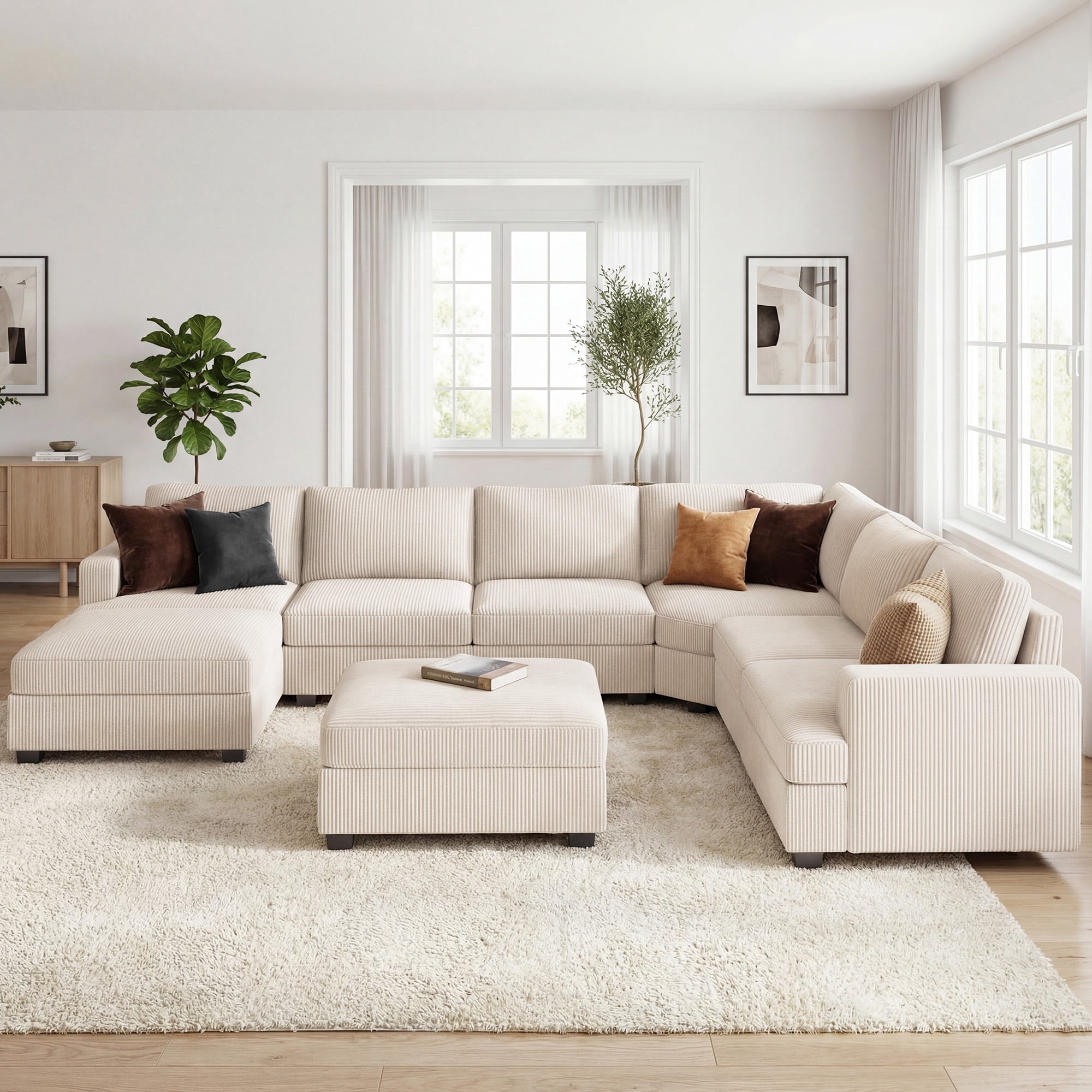 HONBAY 128.1" Modular Sectional Sleeper Sofa Bed Couch Corduroy U Shape with Storage Ottomans for Living Room, Beige