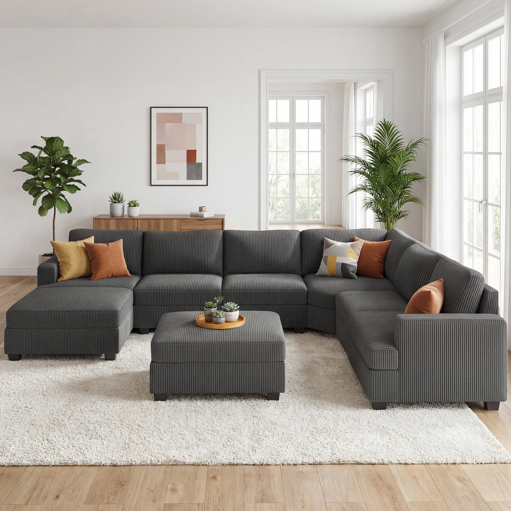 HONBAY 128.1" U Shape Sectional Sleeper Sofa Bed Corduroy Oversized Couch with Storage for Living Room, Dark Gray