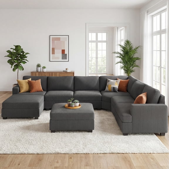 HONBAY 128.1" U Shape Sectional Sleeper Sofa Bed Corduroy Oversized Couch with Storage for Living Room, Dark Gray