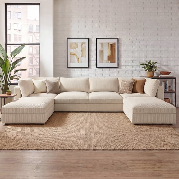 Marrber 153.4” U-Shaped Modular Sectional Sofa Couch with Extra Deep Corduroy Seats and Ample Storage, Perfect for Large Living Room, Beige