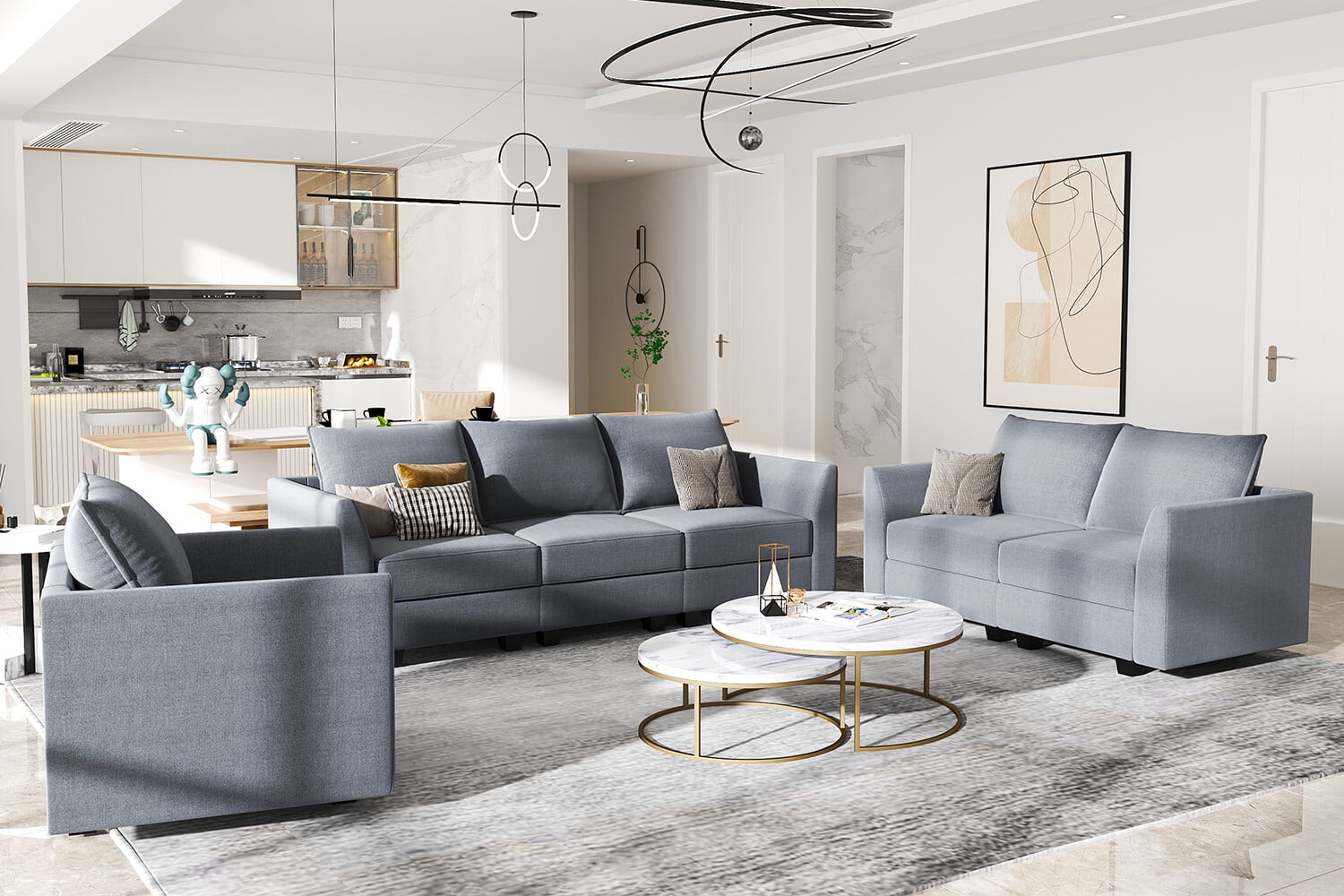 Bluish Gray Fabric 3-Piece Sofa Set with Storage and Removable Cushions