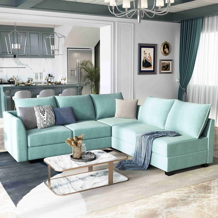 Honbay Sectional Sofa Couch with Reversible Chaise for Living Room Furniture Sets, Aqua Blue