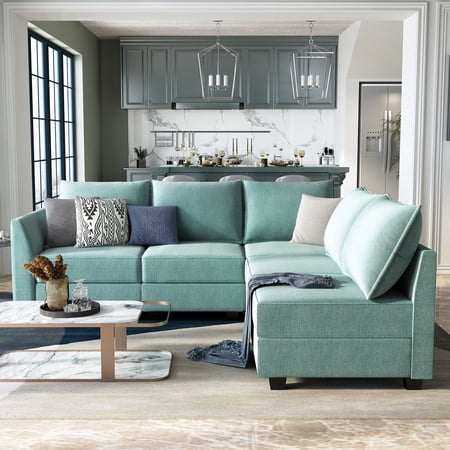 HONBAY 5 Seaters L Shaped Convertible Sectional Sofa Couch with Storage and Reversible Chaise, Aqua Blue